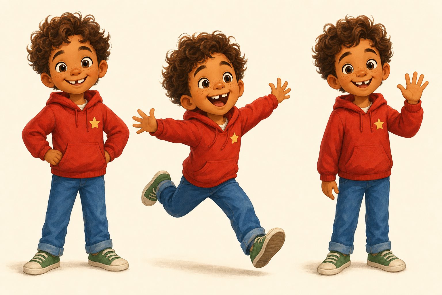 Character sheet showing the same cartoon boy in three poses