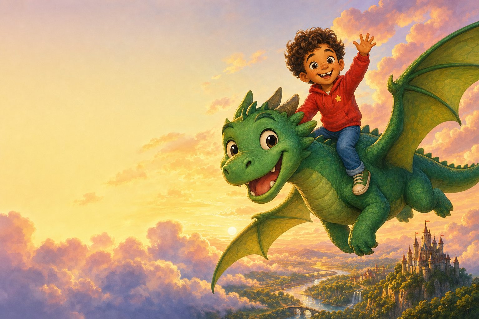 Illustration of a smiling boy riding a friendly green dragon over a fairy-tale valley at sunset